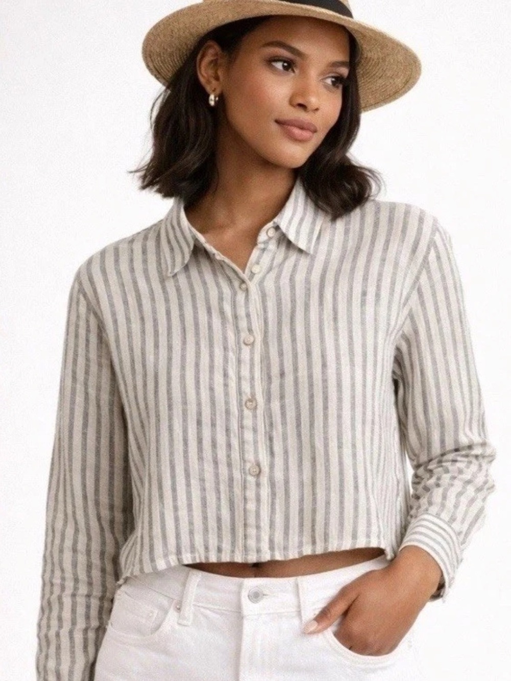 Tahari 100% Luxe Linen Pin Striped Minimalist Nautical Button Up Shirt Top Small